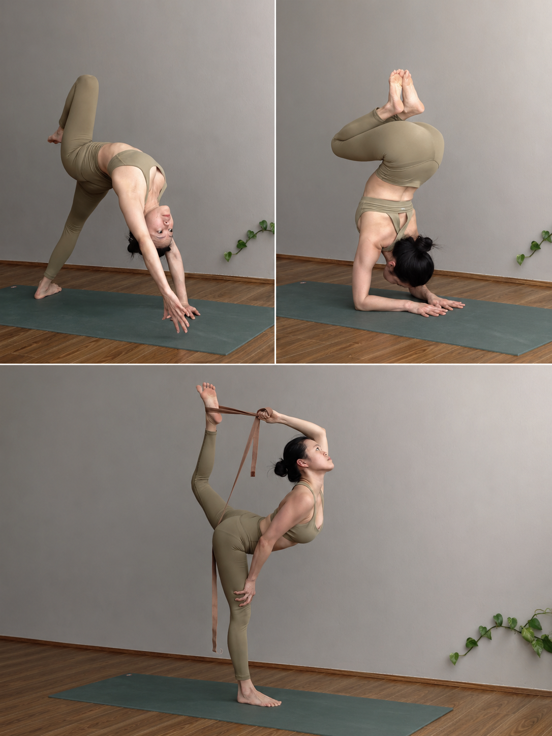 Emica practicing three yoga poses on her mat at home: a wheel pose backbend, a forearm stand, and a standing split held with a strap